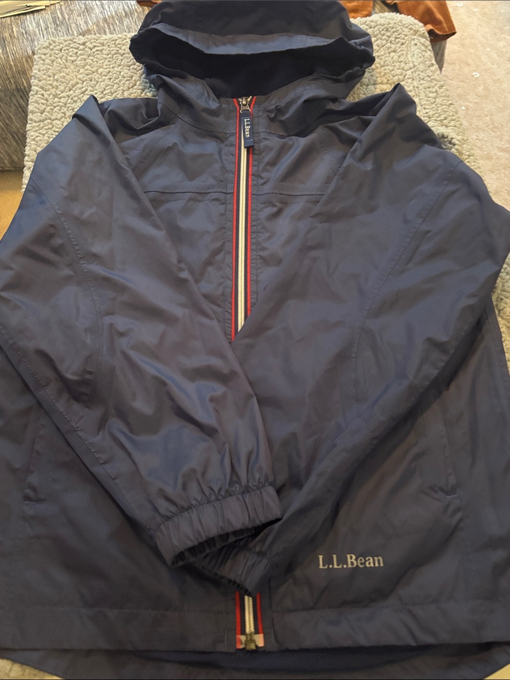 L.L. Bean Navy Hooded Rain Jacket with Red-Trim Zip